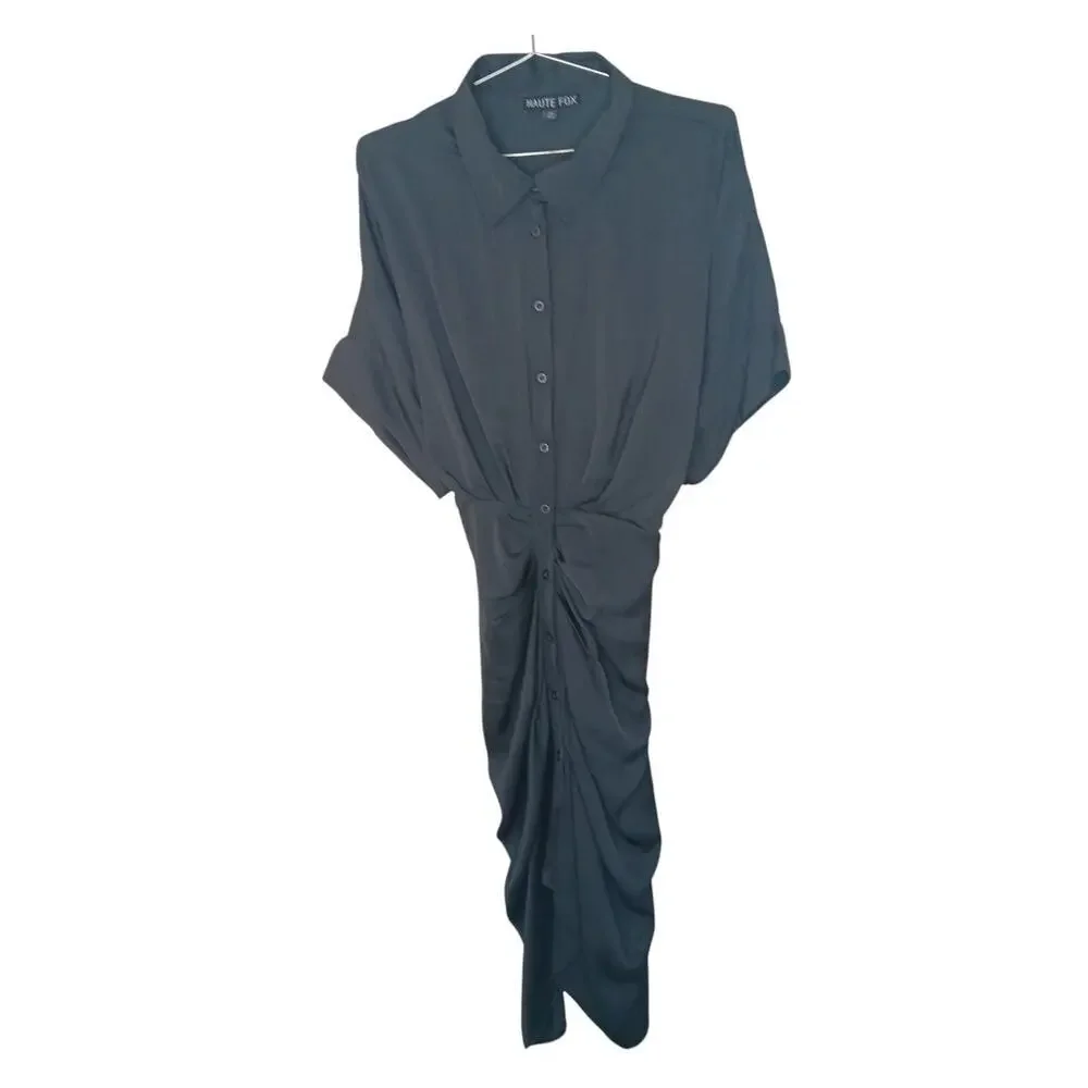 Haute Fox 3X Black Button Front Midi Dress Ruched Draped Hem Collared Plus Size - Picture 2 of 12